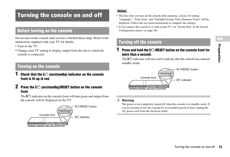 Turning the console on and off, Turning off the console | Sony PS 2 SCPH-77001CB User Manual | Page 15 / 172