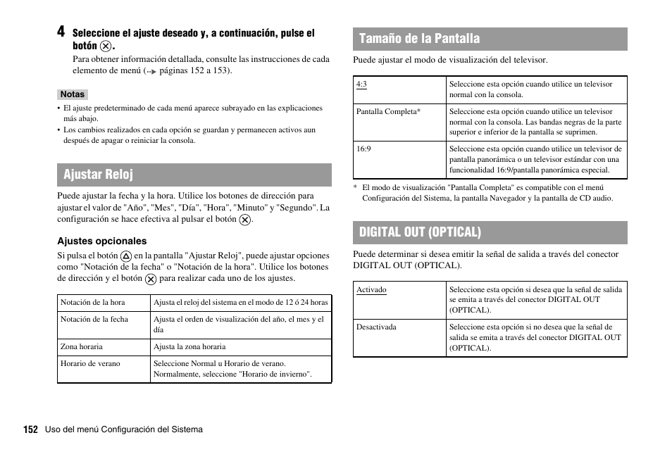 Ajustar reloj, Tamaño de la pantalla, Digital out (optical) | Sony PS 2 SCPH-77001CB User Manual | Page 152 / 172