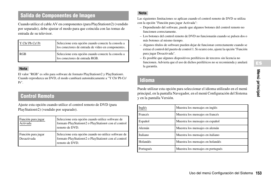 Salida de componentes de imagen, Control remoto, Idioma | Sony PS 2 SCPH-77001CB User Manual | Page 153 / 172