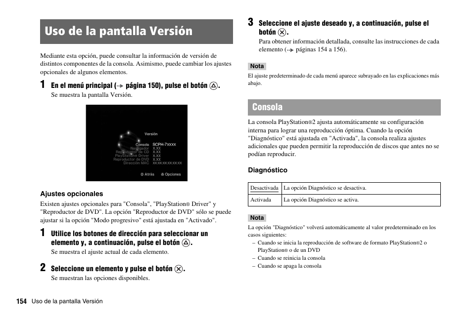 Uso de la pantalla versión, Consola | Sony PS 2 SCPH-77001CB User Manual | Page 154 / 172