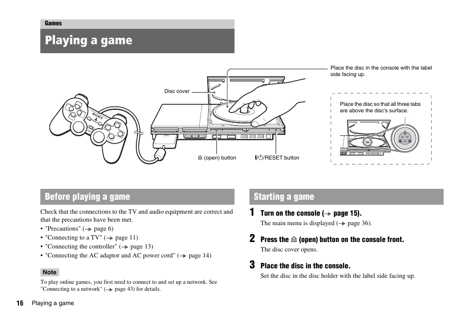 Games, Playing a game, Before playing a game starting a game | Sony PS 2 SCPH-77001CB User Manual | Page 16 / 172