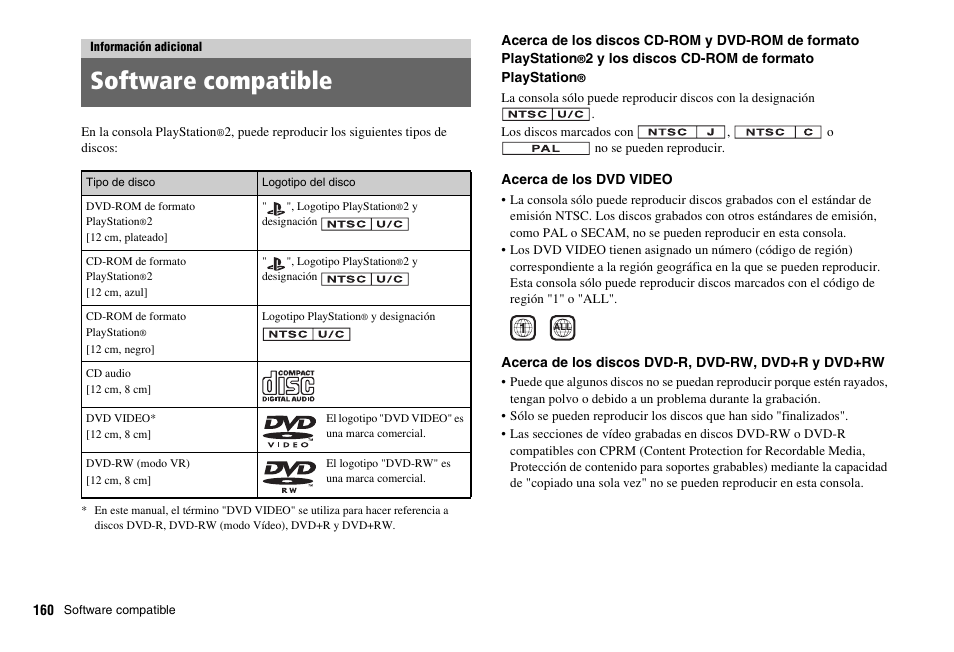 Información adicional, Software compatible | Sony PS 2 SCPH-77001CB User Manual | Page 160 / 172