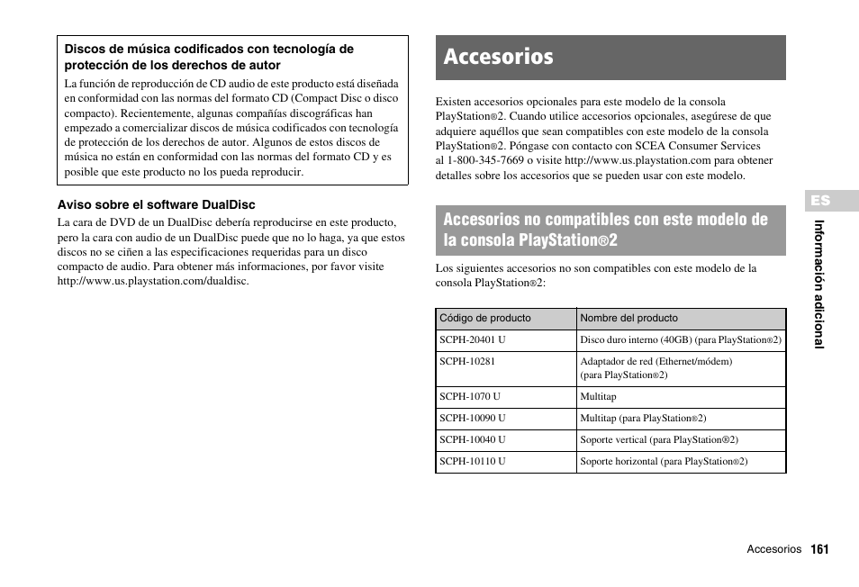 Accesorios | Sony PS 2 SCPH-77001CB User Manual | Page 161 / 172