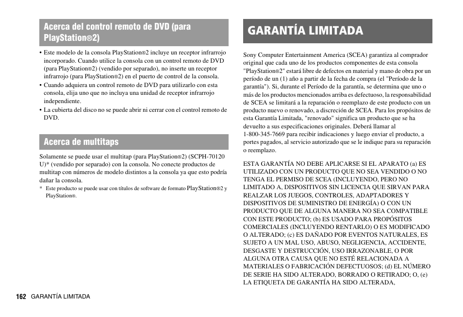 Garantía limitada, Acerca del control remoto de dvd (para playstation, 2) acerca de multitaps | Sony PS 2 SCPH-77001CB User Manual | Page 162 / 172