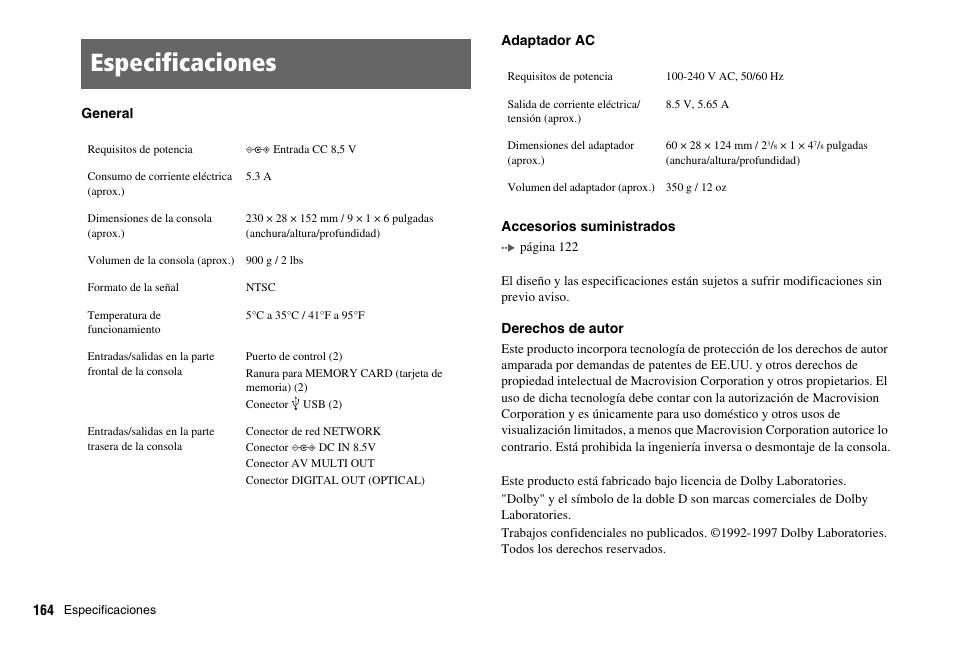 Especificaciones | Sony PS 2 SCPH-77001CB User Manual | Page 164 / 172