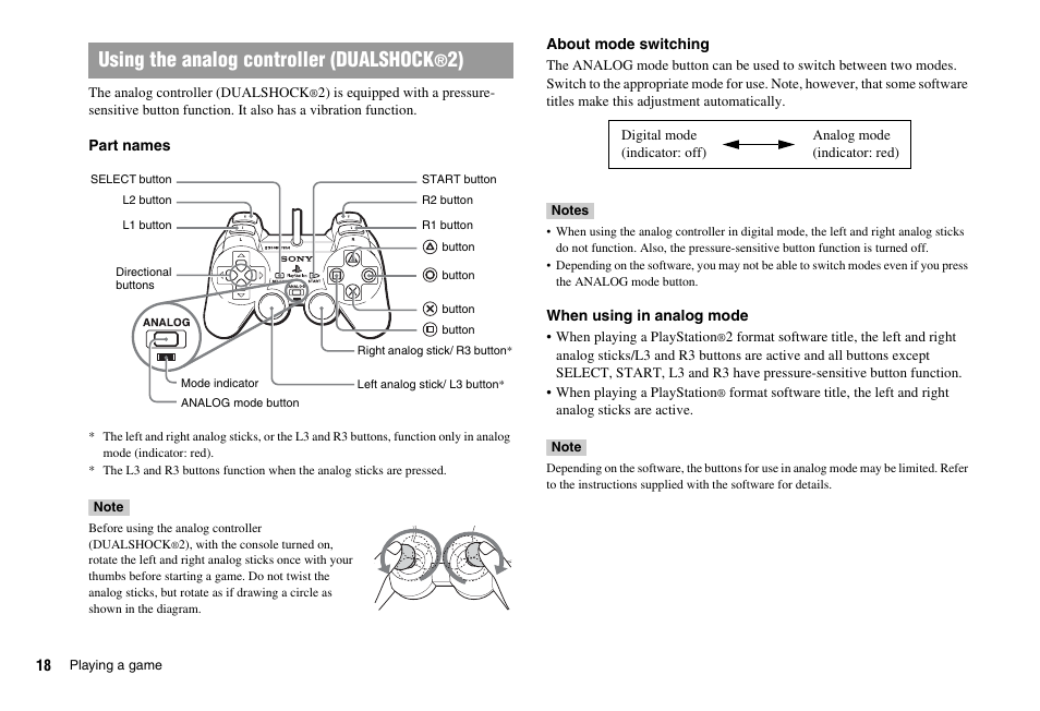 Using the analog controller (dualshock | Sony PS 2 SCPH-77001CB User Manual | Page 18 / 172