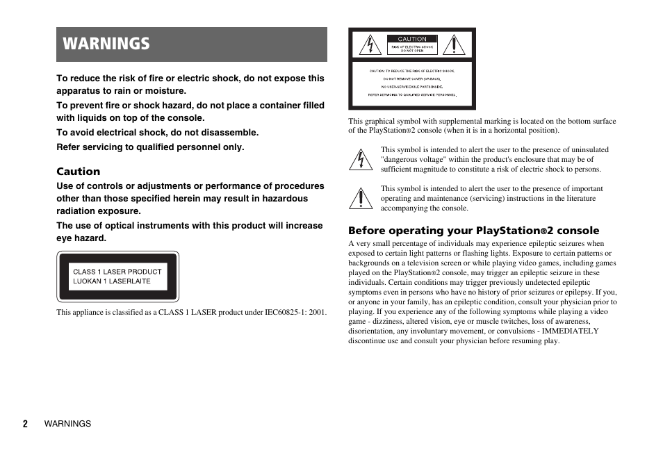 Warnings | Sony PS 2 SCPH-77001CB User Manual | Page 2 / 172