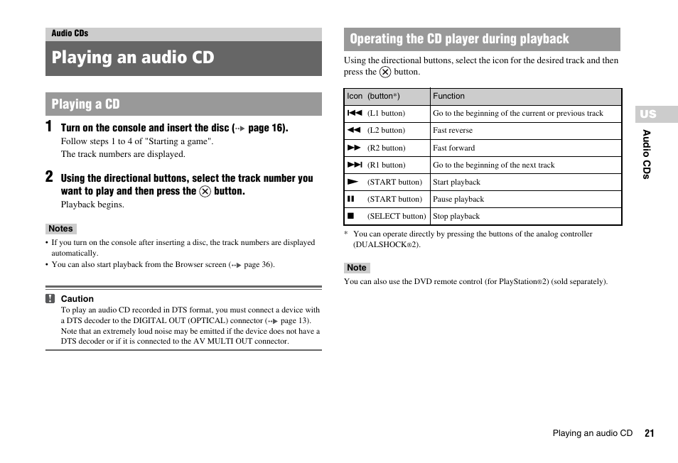 Audio cds, Playing an audio cd | Sony PS 2 SCPH-77001CB User Manual | Page 21 / 172