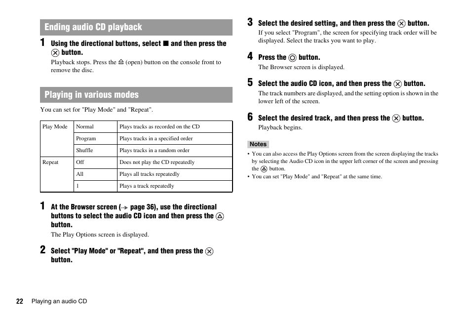 Ending audio cd playback playing in various modes | Sony PS 2 SCPH-77001CB User Manual | Page 22 / 172