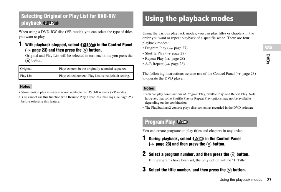 Using the playback modes, Program play | Sony PS 2 SCPH-77001CB User Manual | Page 27 / 172