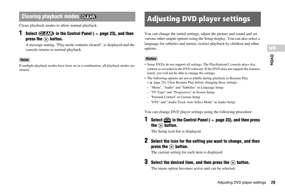 Adjusting dvd player settings, Clearing playback modes | Sony PS 2 SCPH-77001CB User Manual | Page 29 / 172