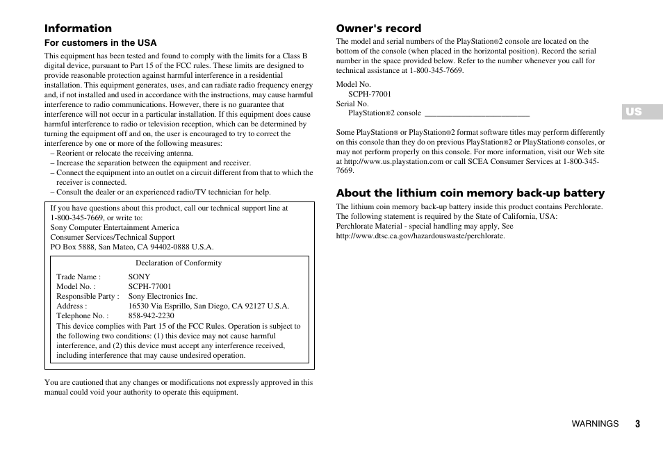 Us information, Owner's record | Sony PS 2 SCPH-77001CB User Manual | Page 3 / 172