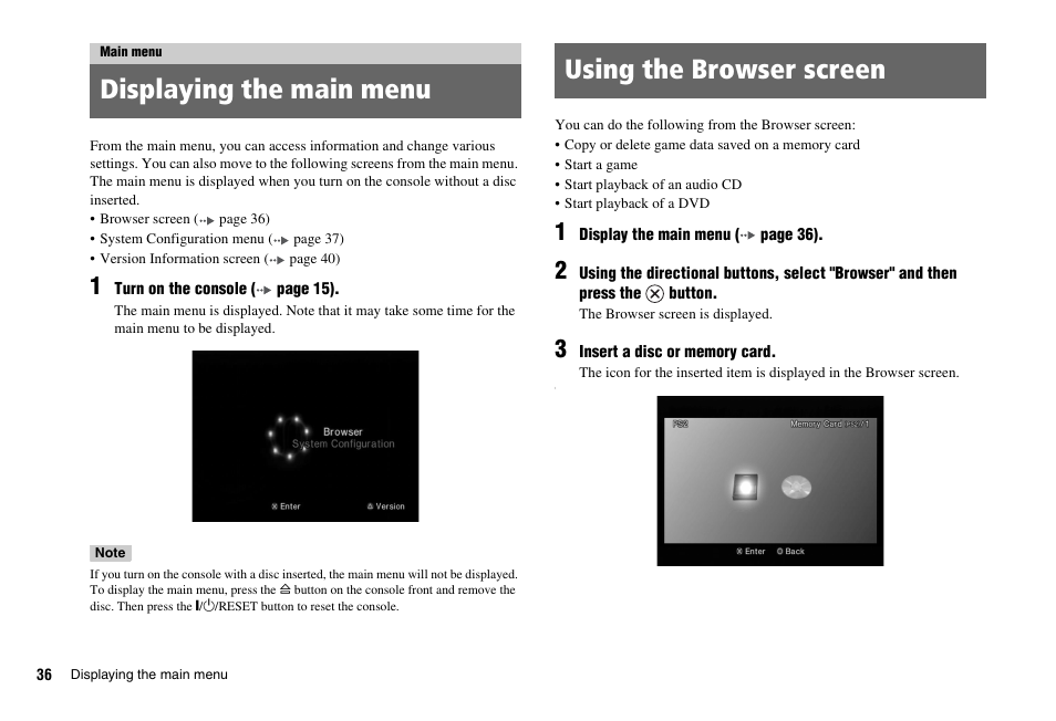 Main menu, Displaying the main menu using the browser screen | Sony PS 2 SCPH-77001CB User Manual | Page 36 / 172