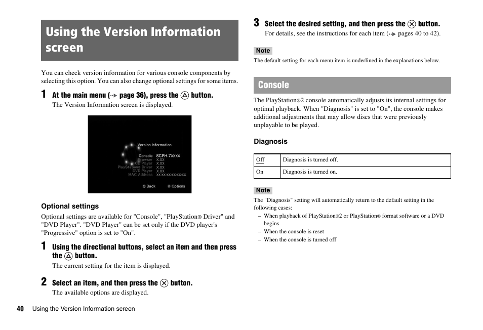 Using the version information screen, Console | Sony PS 2 SCPH-77001CB User Manual | Page 40 / 172