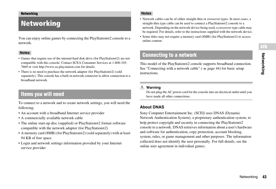 Networking, Items you will need connecting to a network | Sony PS 2 SCPH-77001CB User Manual | Page 43 / 172