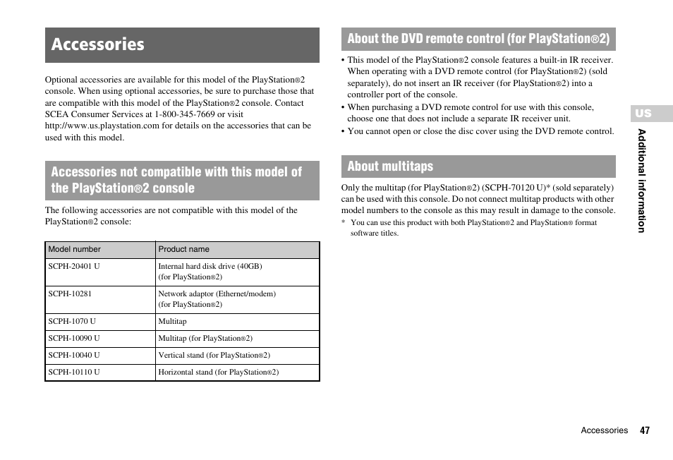 Accessories, 2 console, About the dvd remote control (for playstation | 2) about multitaps | Sony PS 2 SCPH-77001CB User Manual | Page 47 / 172