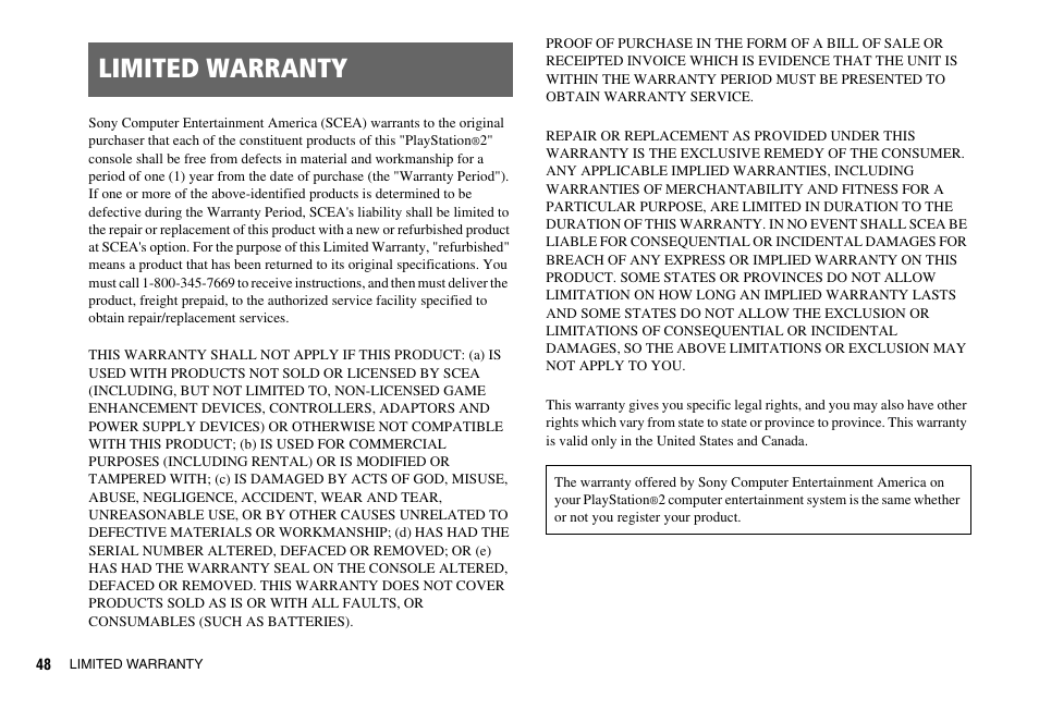 Limited warranty | Sony PS 2 SCPH-77001CB User Manual | Page 48 / 172