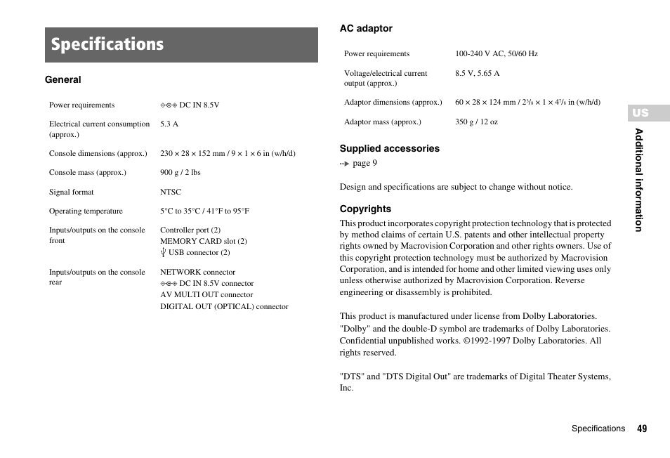 Specifications | Sony PS 2 SCPH-77001CB User Manual | Page 49 / 172