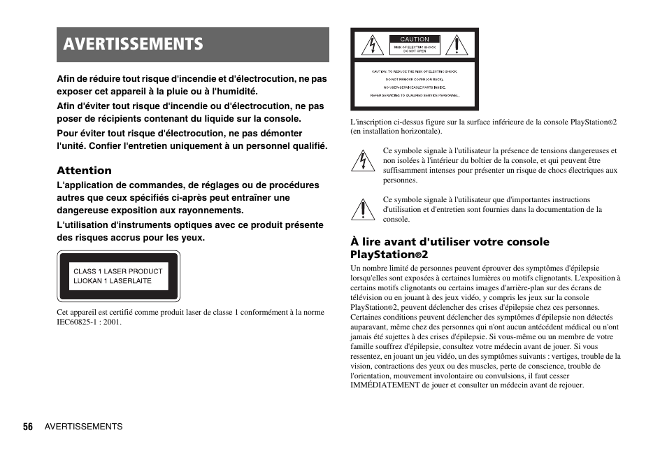 Avertissements | Sony PS 2 SCPH-77001CB User Manual | Page 56 / 172