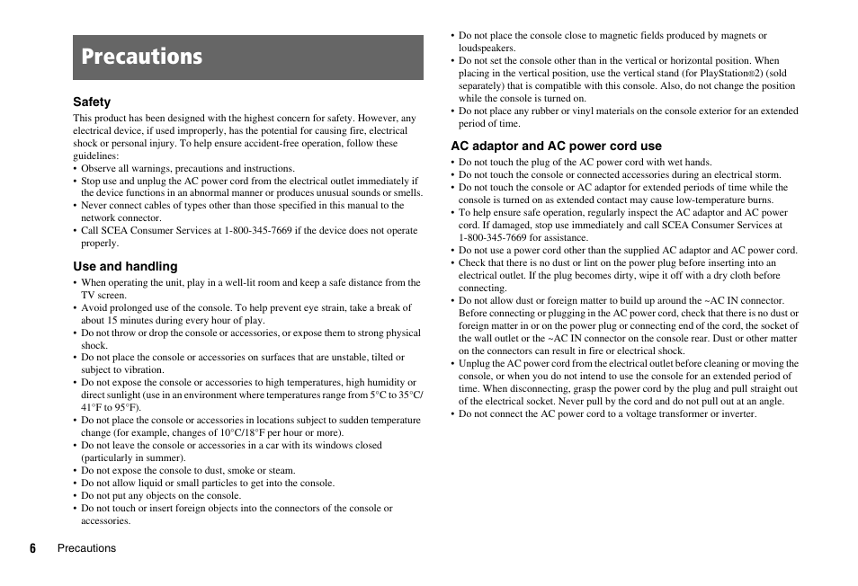 Precautions | Sony PS 2 SCPH-77001CB User Manual | Page 6 / 172