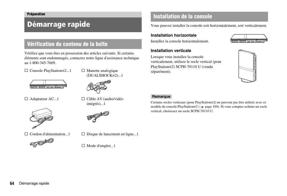 Préparation, Démarrage rapide, Vérification du contenu de la boîte | Installation de la console | Sony PS 2 SCPH-77001CB User Manual | Page 64 / 172