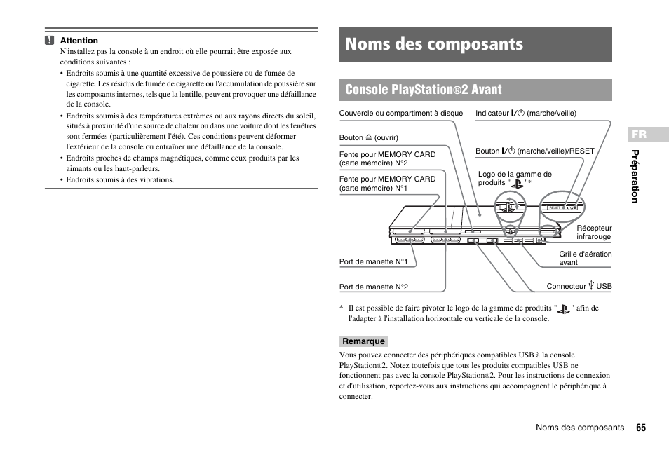 Noms des composants, Console playstation, 2 avant | Sony PS 2 SCPH-77001CB User Manual | Page 65 / 172