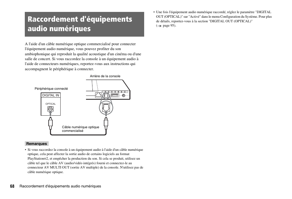 Raccordement d'équipements audio numériques | Sony PS 2 SCPH-77001CB User Manual | Page 68 / 172