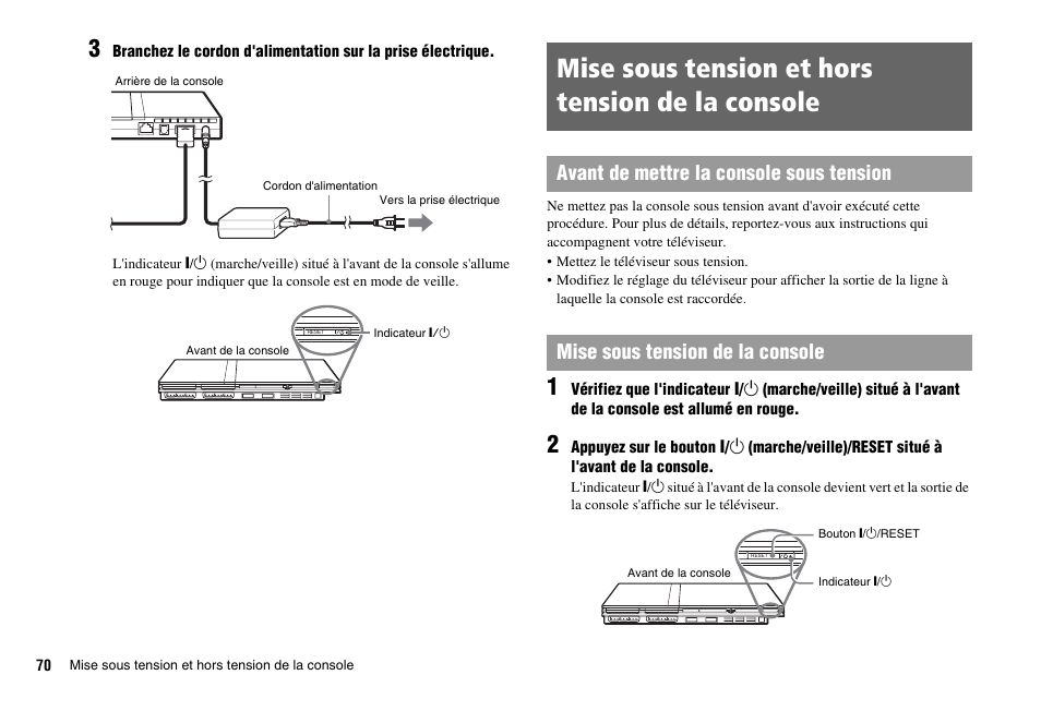 Mise sous tension et hors tension de la console | Sony PS 2 SCPH-77001CB User Manual | Page 70 / 172