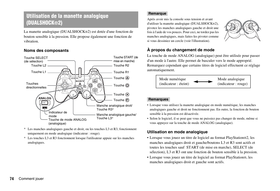 Utilisation de la manette analogique (dualshock | Sony PS 2 SCPH-77001CB User Manual | Page 74 / 172