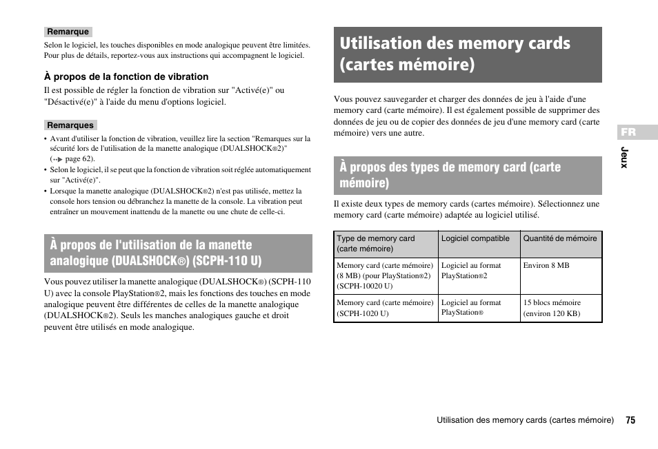 Utilisation des memory cards (cartes mémoire), Scph-110 u) | Sony PS 2 SCPH-77001CB User Manual | Page 75 / 172