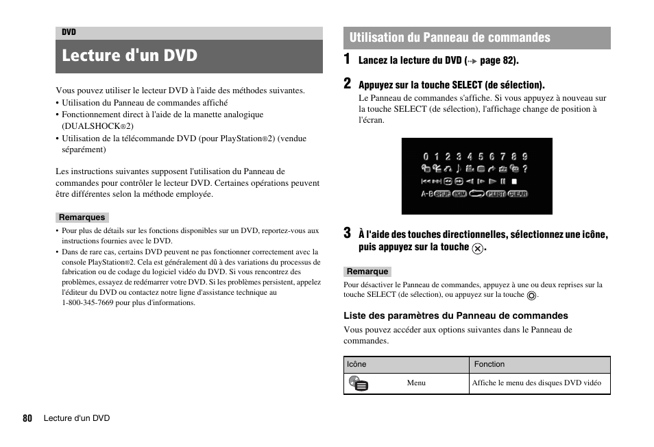 Lecture d'un dvd, Utilisation du panneau de commandes | Sony PS 2 SCPH-77001CB User Manual | Page 80 / 172