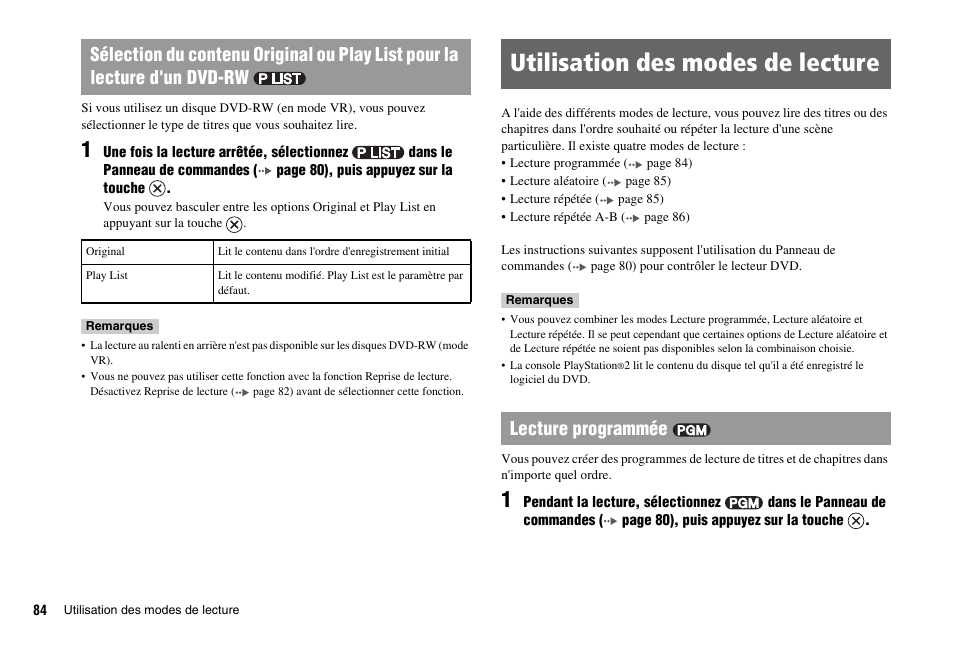 Utilisation des modes de lecture, Lecture programmée | Sony PS 2 SCPH-77001CB User Manual | Page 84 / 172