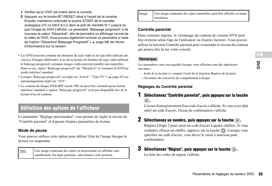 Définition des options de l'afficheur | Sony PS 2 SCPH-77001CB User Manual | Page 89 / 172