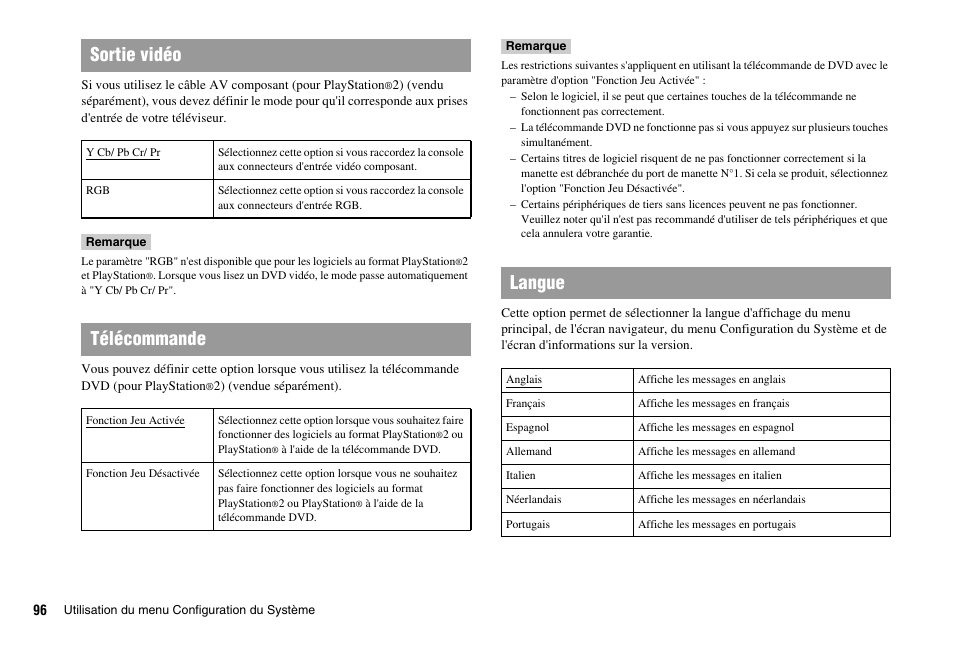 Sortie vidéo, Télécommande, Langue | Sony PS 2 SCPH-77001CB User Manual | Page 96 / 172