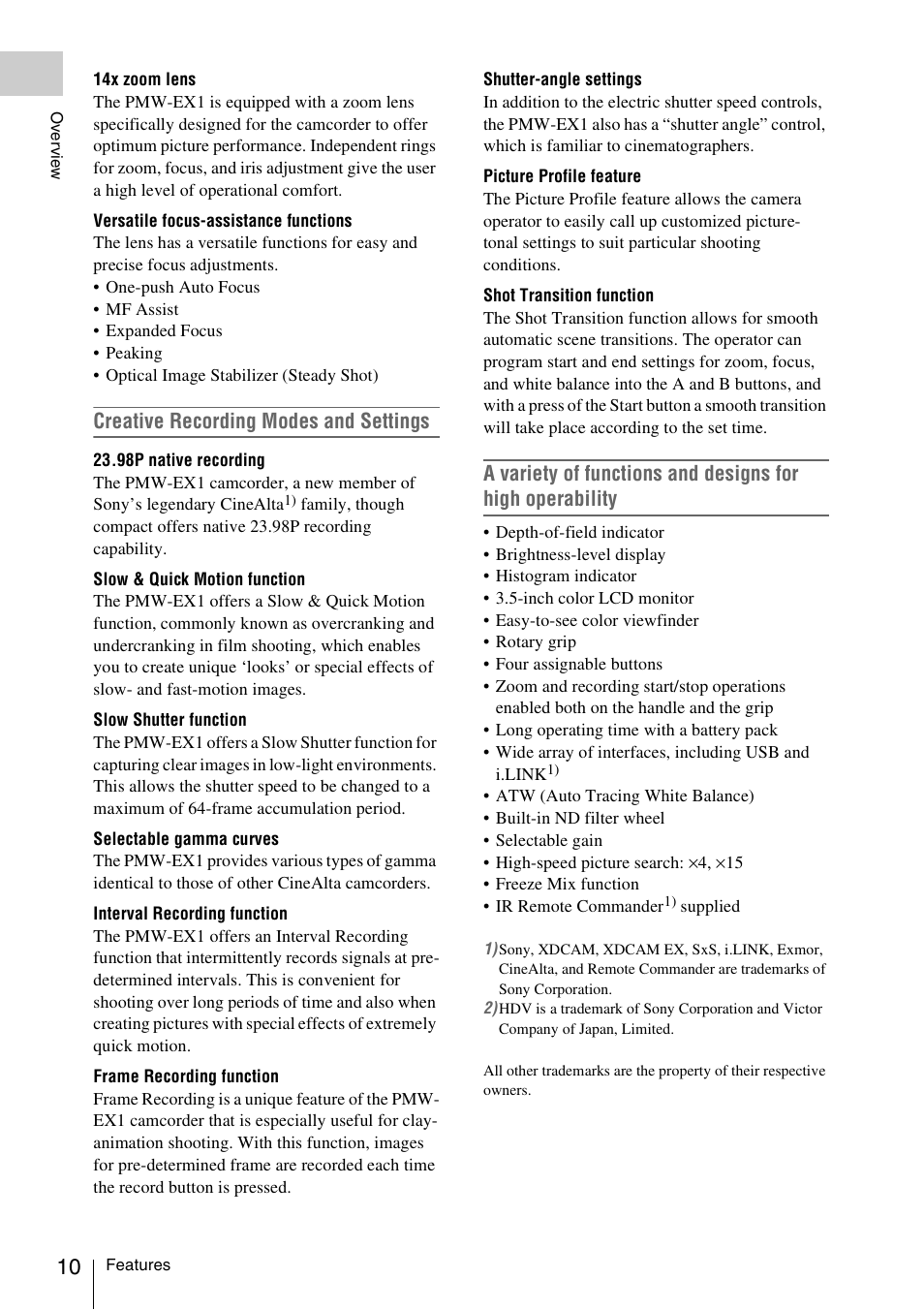 Creative recording modes and settings | Sony XDCAM EX PMW-EX1 User Manual | Page 10 / 132