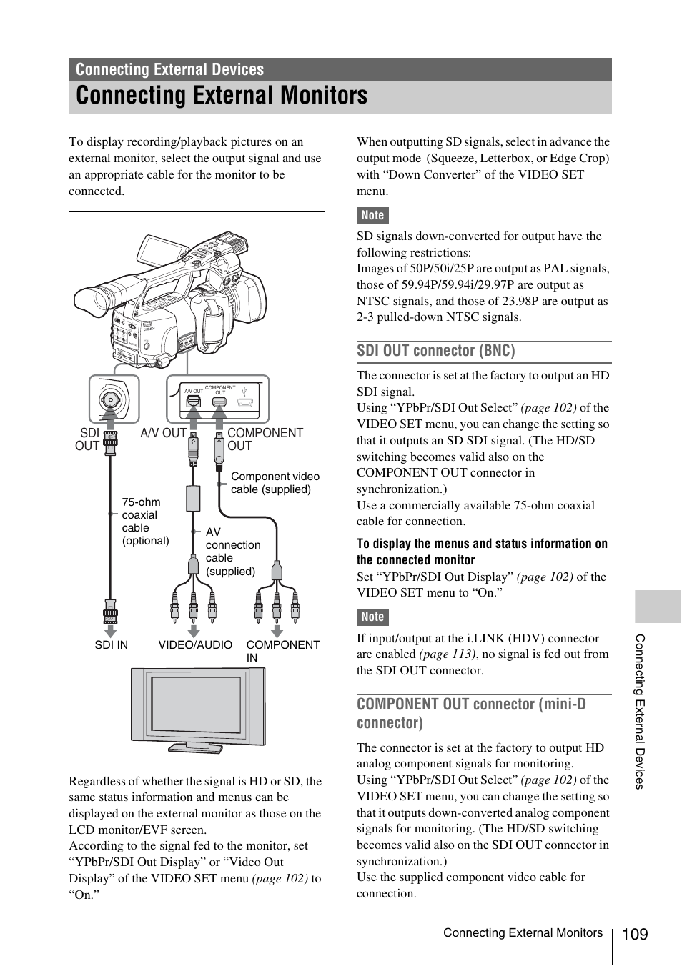 Connecting external devices, Connecting external monitors, Sdi out connector (bnc) | Component out connector (mini-d connector), Component out a/v out sdi out | Sony XDCAM EX PMW-EX1 User Manual | Page 109 / 132