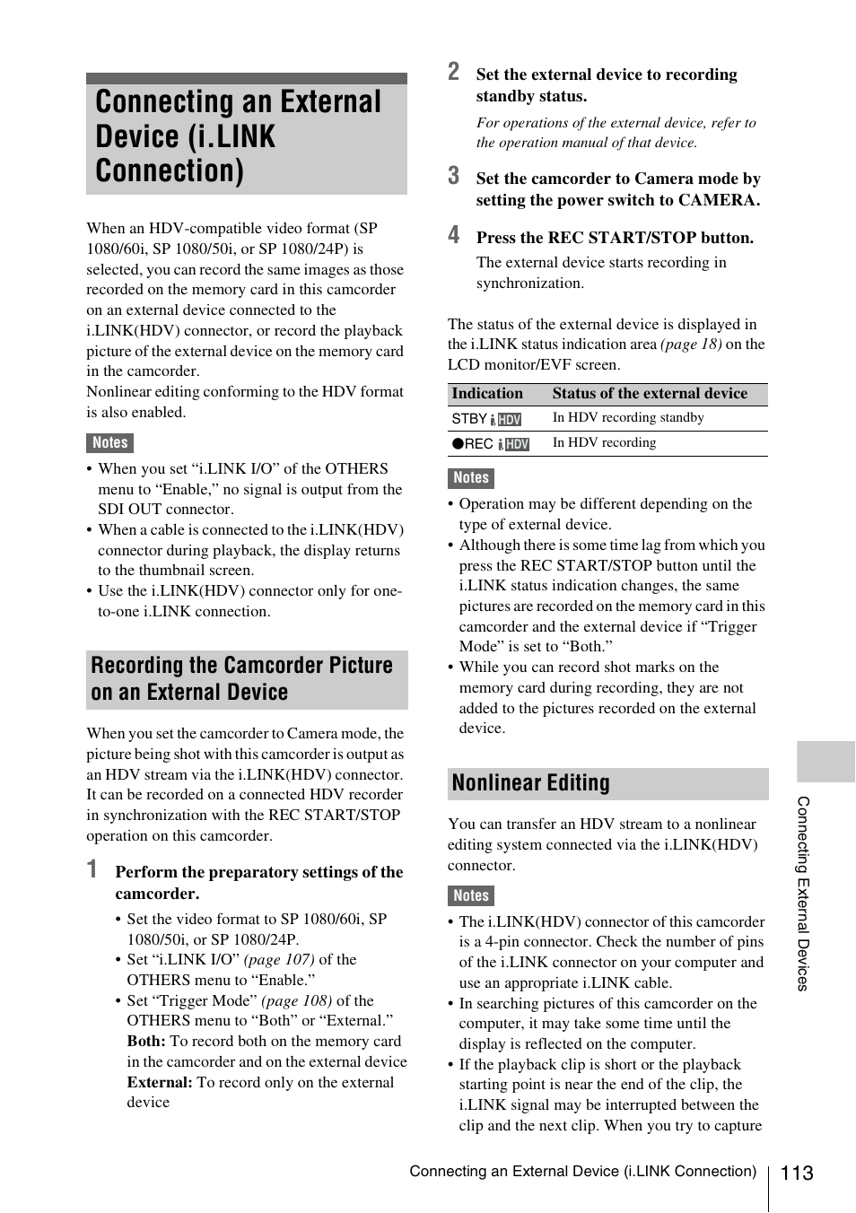 Connecting an external device (i.link connection), Nonlinear editing, Recording the camcorder picture on an external | Device | Sony XDCAM EX PMW-EX1 User Manual | Page 113 / 132