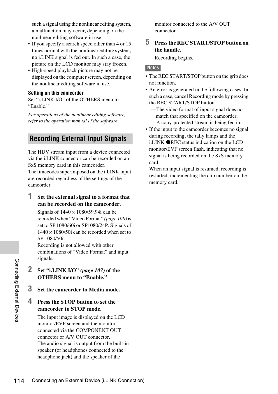 Recording external input signals | Sony XDCAM EX PMW-EX1 User Manual | Page 114 / 132