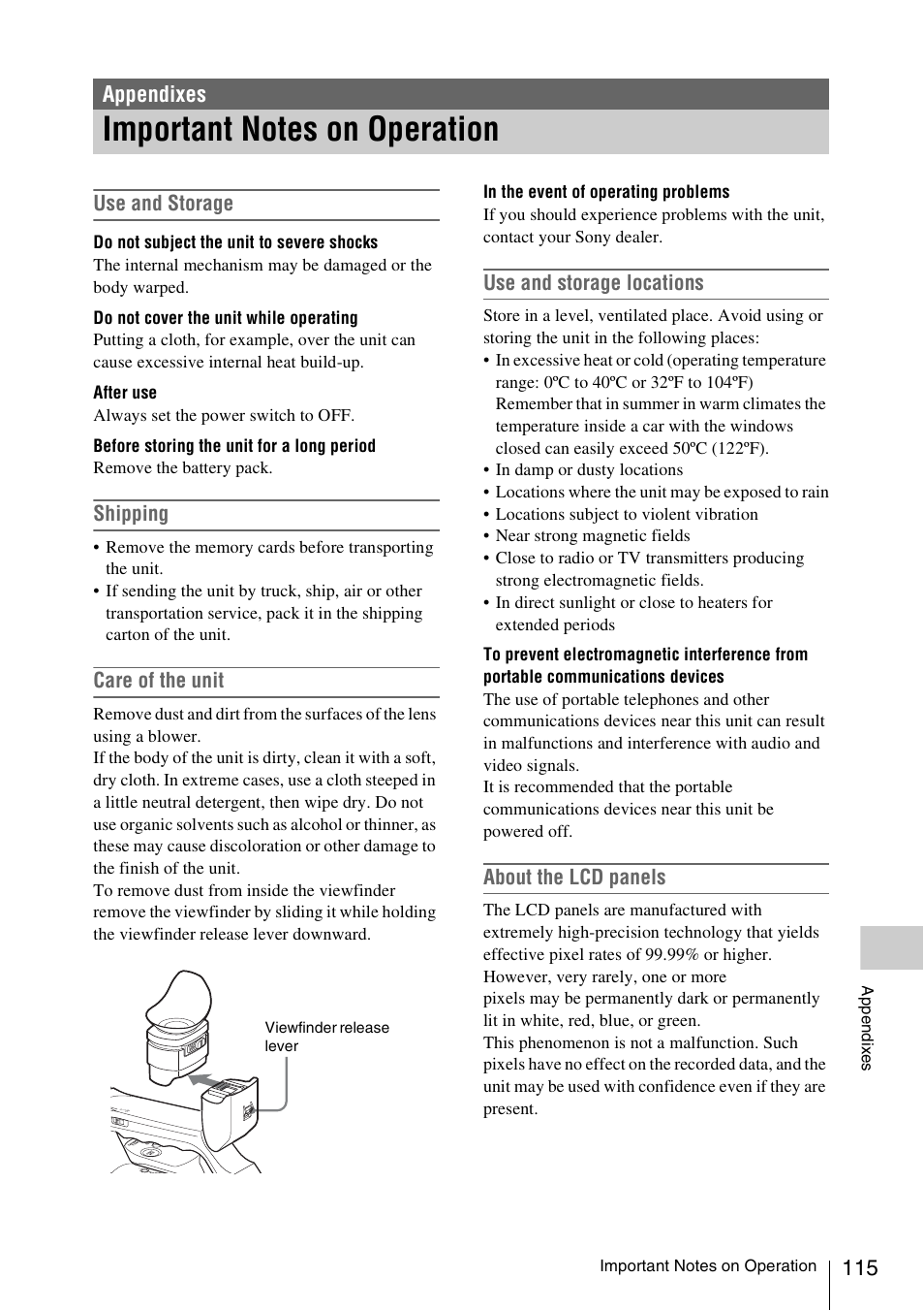 Appendixes, Important notes on operation, Use and storage | Shipping, Care of the unit, Use and storage locations, About the lcd panels | Sony XDCAM EX PMW-EX1 User Manual | Page 115 / 132