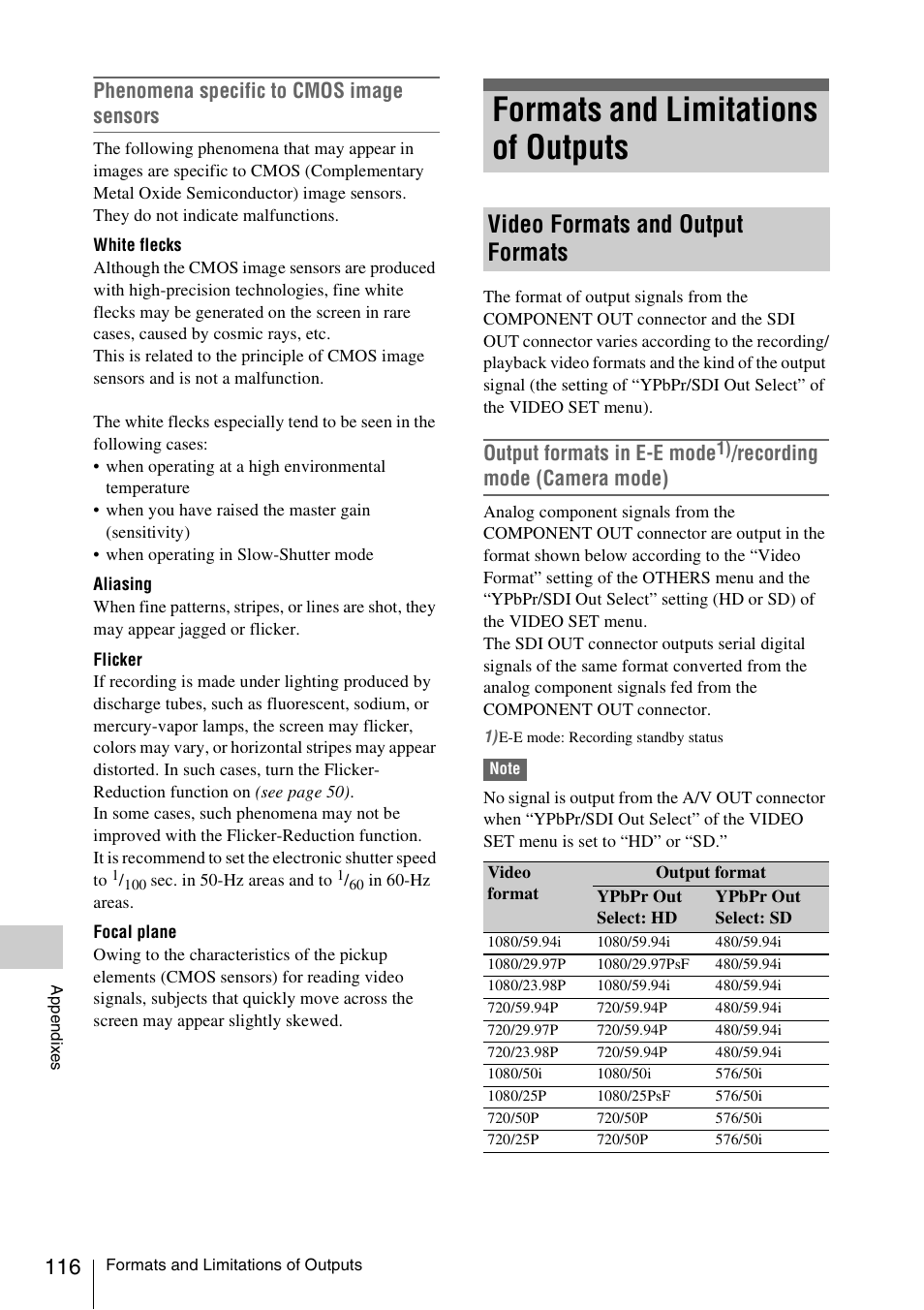 Formats and limitations of outputs, Video formats and output formats, Phenomena specific to cmos image sensors | Output formats in e-e mode, Recording mode (camera mode) | Sony XDCAM EX PMW-EX1 User Manual | Page 116 / 132