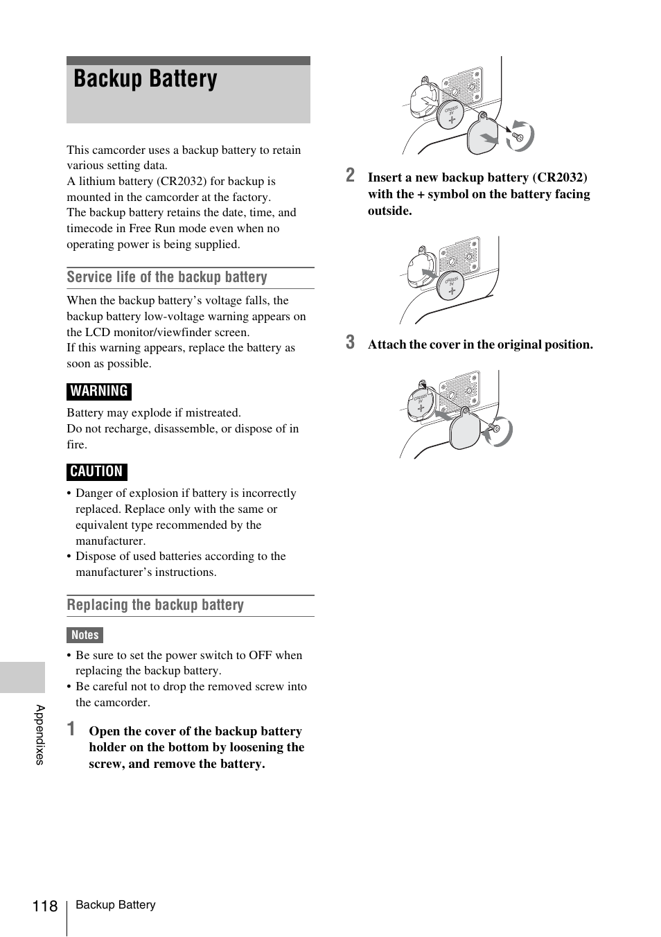 Backup battery, Service life of the backup battery, Replacing the backup battery | Sony XDCAM EX PMW-EX1 User Manual | Page 118 / 132