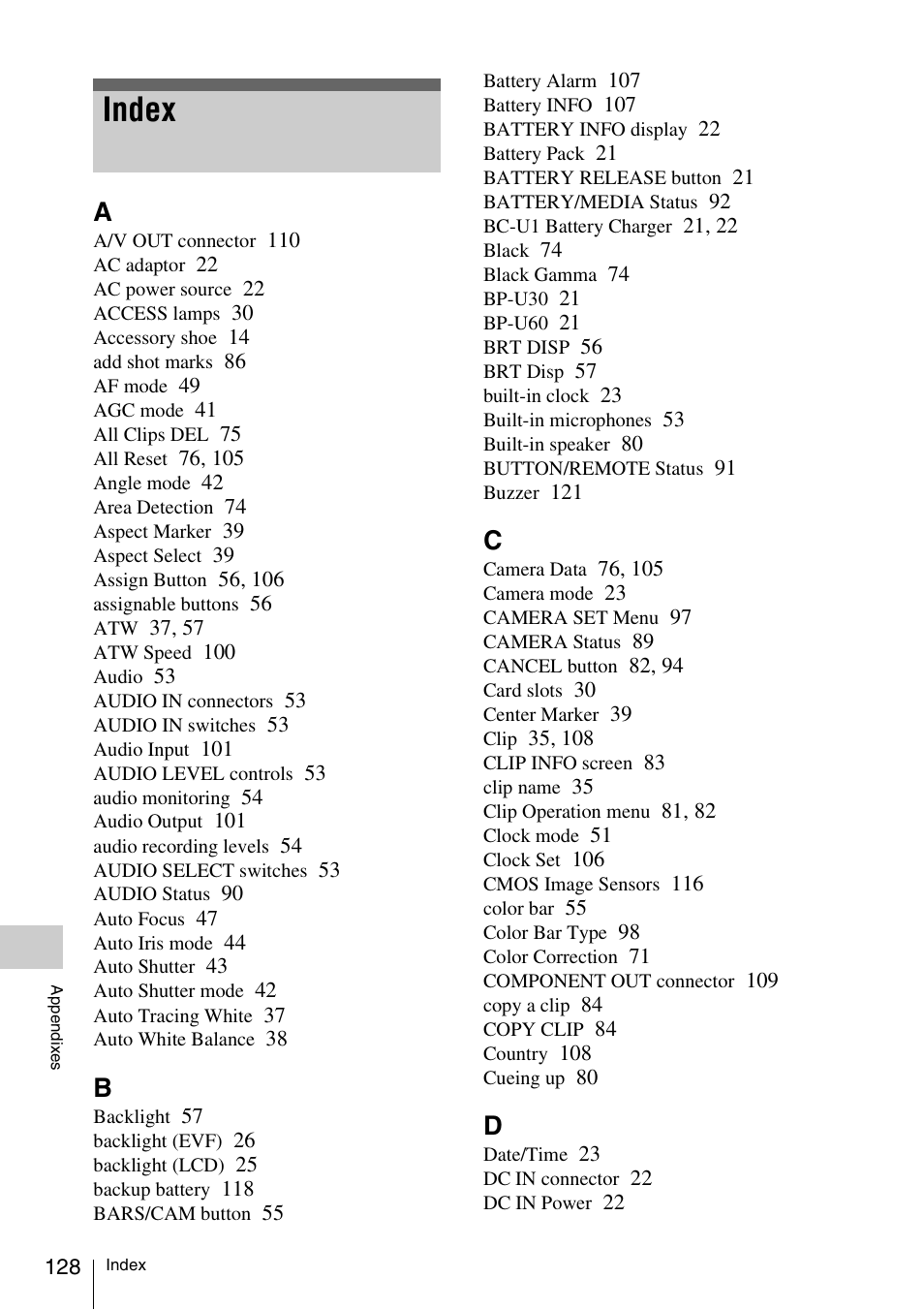 Index | Sony XDCAM EX PMW-EX1 User Manual | Page 128 / 132