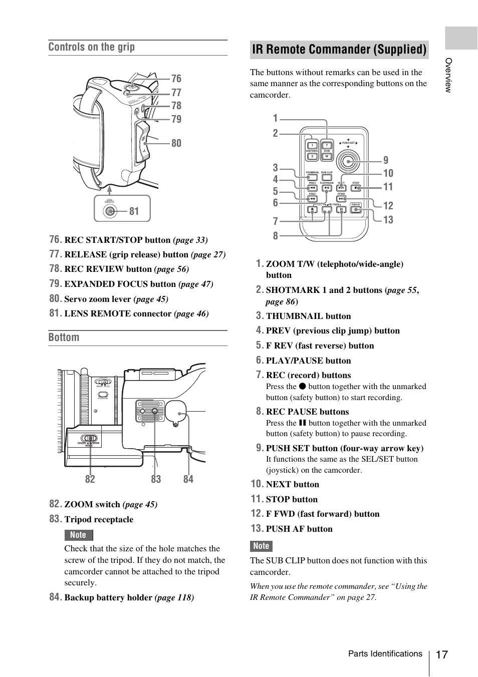 Ir remote commander (supplied), Controls on the grip, Bottom | Rec start/stop butto n (page 33), Release (grip release) button (page 27), Rec review button (page 56), Expanded focus butto n (page 47), Servo zoom lever (page 45), Lens remote connector (page 46), Zoom switch (page 45) | Sony XDCAM EX PMW-EX1 User Manual | Page 17 / 132