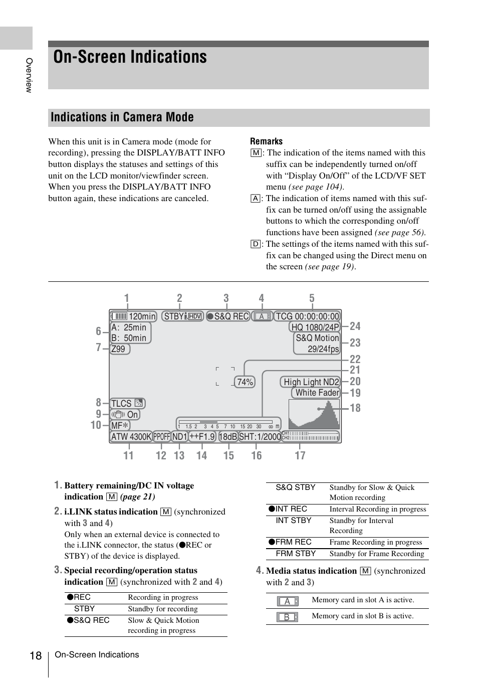 On-screen indications, Indications in camera mode | Sony XDCAM EX PMW-EX1 User Manual | Page 18 / 132