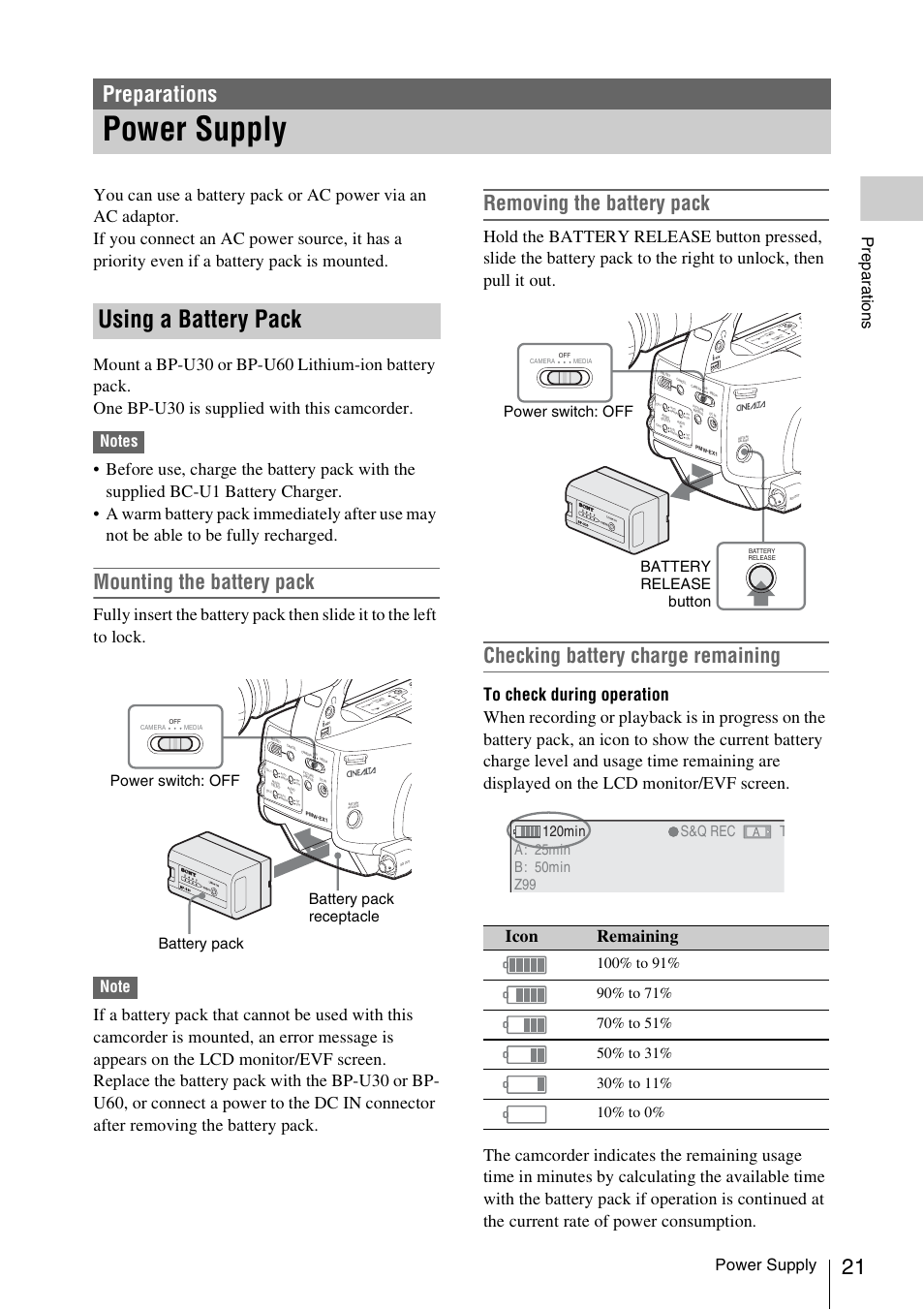 Preparations, Power supply, Using a battery pack | Mounting the battery pack, Removing the battery pack, Checking battery charge remaining, Icon remaining, Prepa ra ti ons | Sony XDCAM EX PMW-EX1 User Manual | Page 21 / 132
