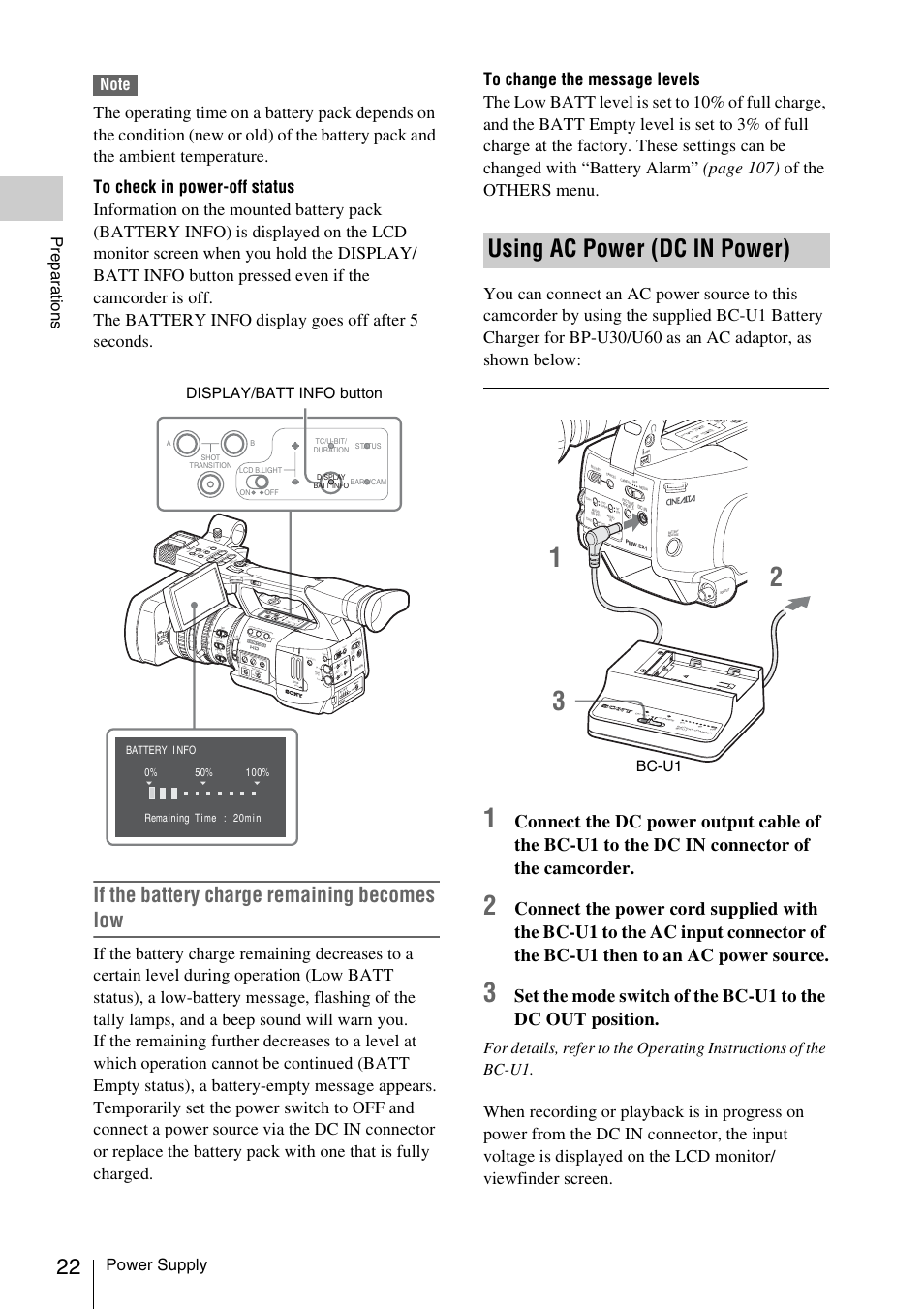 Using ac power (dc in power), If the battery charge remaining becomes low, Power supply | Display/batt info button, Bc-u1, Nd filter, Ba prst l m h, Manu auto manu auto focus, Off on, Mo nit or vo l | Sony XDCAM EX PMW-EX1 User Manual | Page 22 / 132