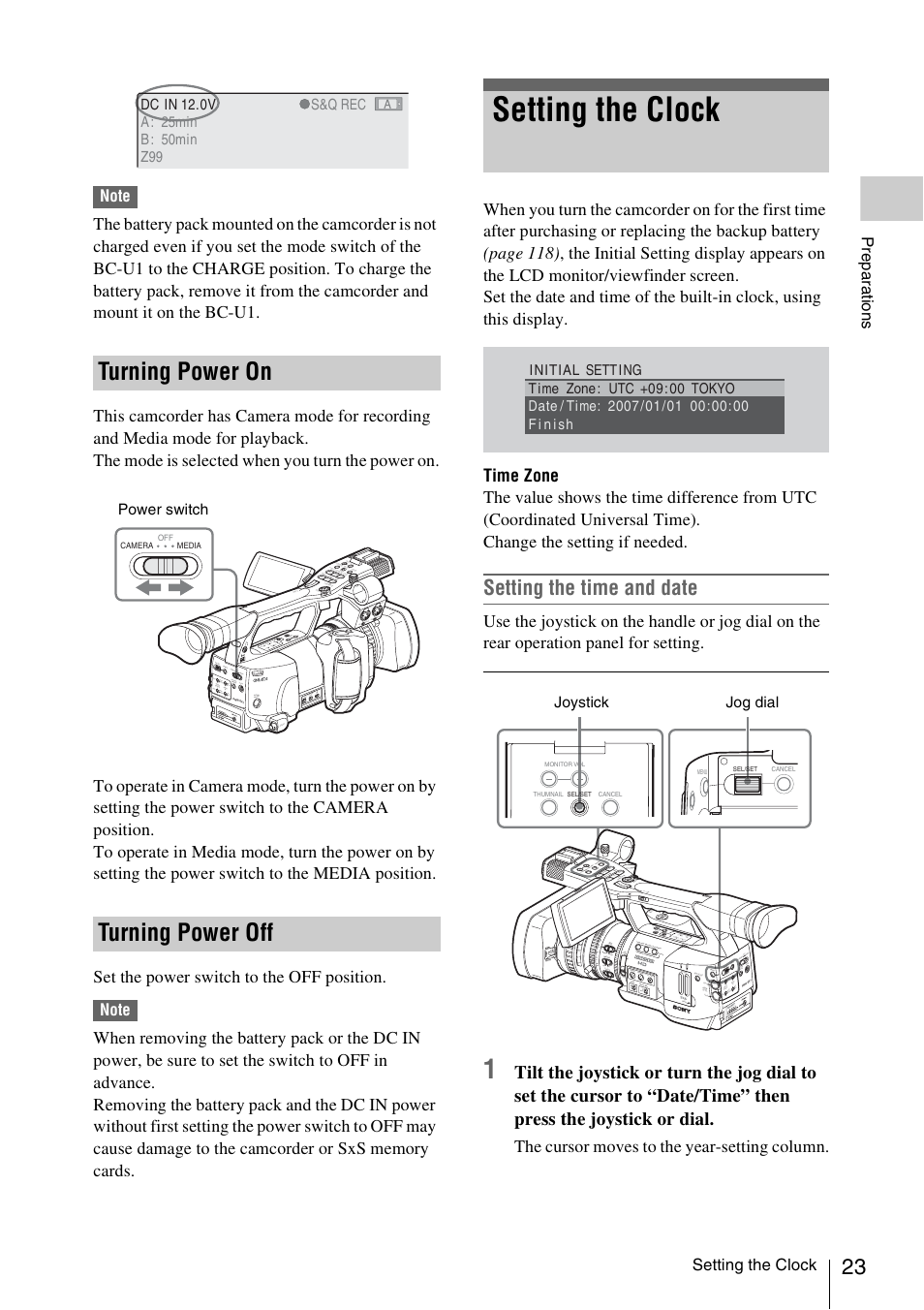 Turning power on, Turning power off, Setting the clock | Turning power on turning power off, Setting the time and date, The cursor moves to the year-setting column | Sony XDCAM EX PMW-EX1 User Manual | Page 23 / 132