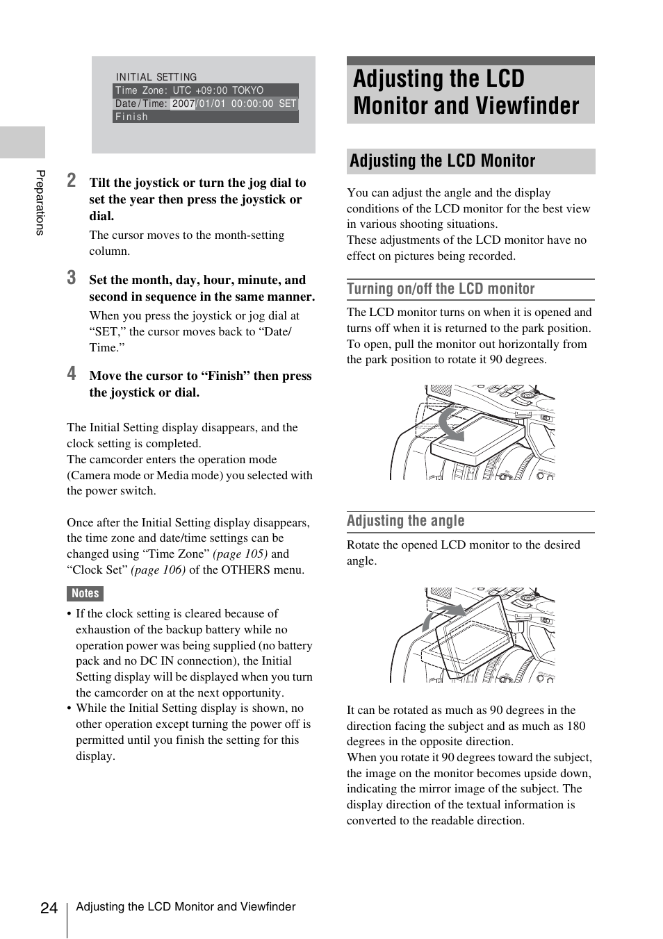 Adjusting the lcd monitor and viewfinder, Adjusting the lcd monitor, Turning on/off the lcd monitor | Adjusting the angle, The cursor moves to the month-setting column, Prepa ra ti ons | Sony XDCAM EX PMW-EX1 User Manual | Page 24 / 132