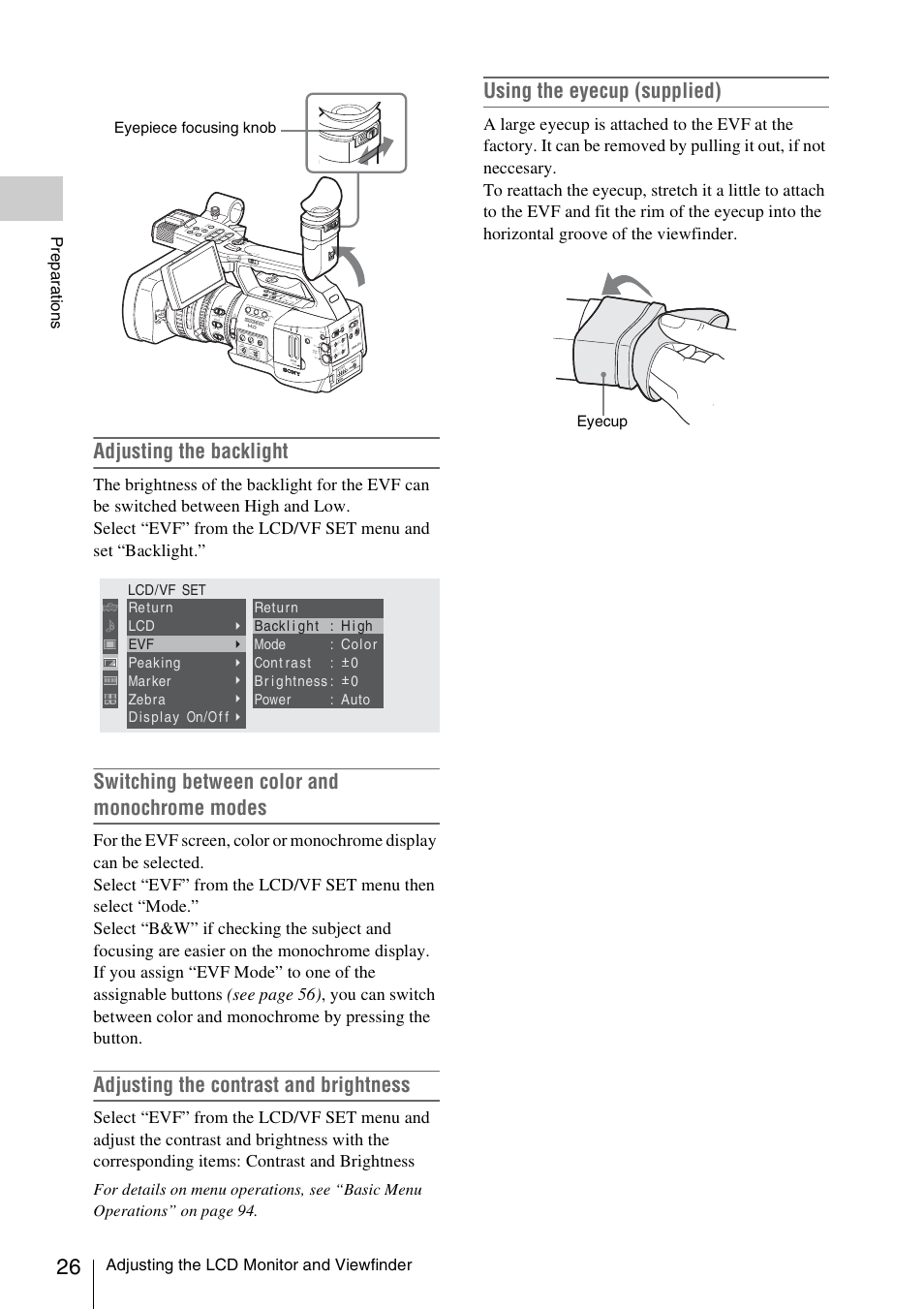 Adjusting the backlight, Switching between color and monochrome modes, Adjusting the contrast and brightness | Using the eyecup (supplied), Adjusting the lcd monitor and viewfinder, Prepa ra ti ons, Eyepiece focusing knob, Eyecup | Sony XDCAM EX PMW-EX1 User Manual | Page 26 / 132