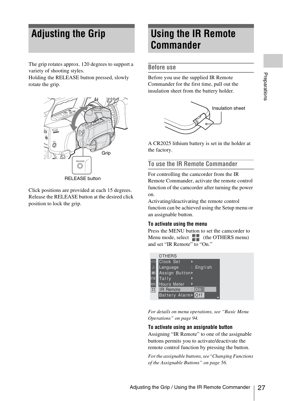 Adjusting the grip, Using the ir remote commander, Before use | Adjusting the grip / using the ir remote commander, Prepa ra ti ons, Release button grip, Insulation sheet | Sony XDCAM EX PMW-EX1 User Manual | Page 27 / 132